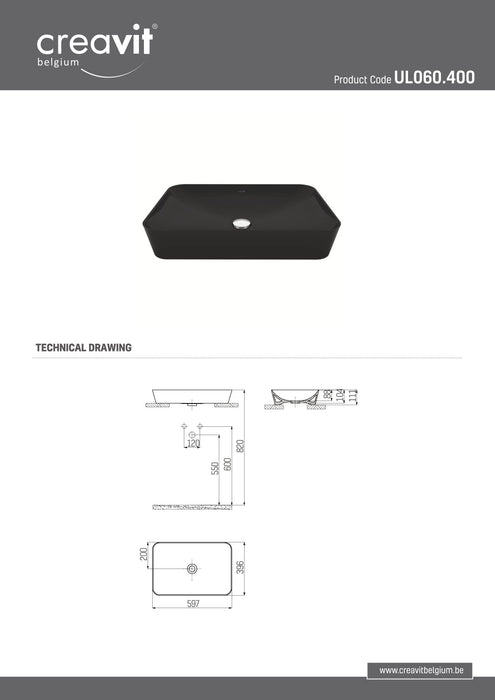 Keramische wastafel - rechthoek zonder kraangat - Zwart (mat)