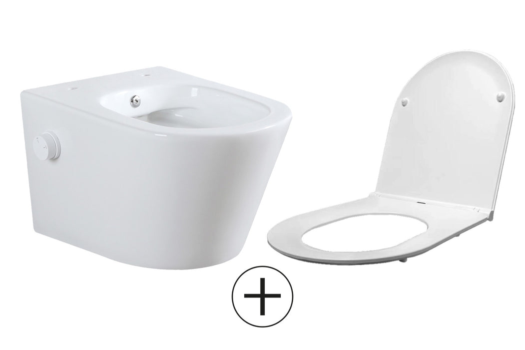 Vesta wandcloset rimless met bidetkraan koud water met Flatline toiletzitting glans wit