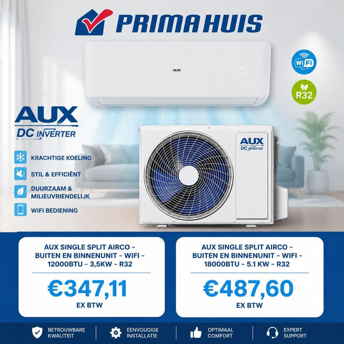 AUX Airconditioner Mono Split 12.000 BTU (3,5 kW)of 18.000 BTU (5.1kW) met WiFi – Koelen &amp; Verwarmen