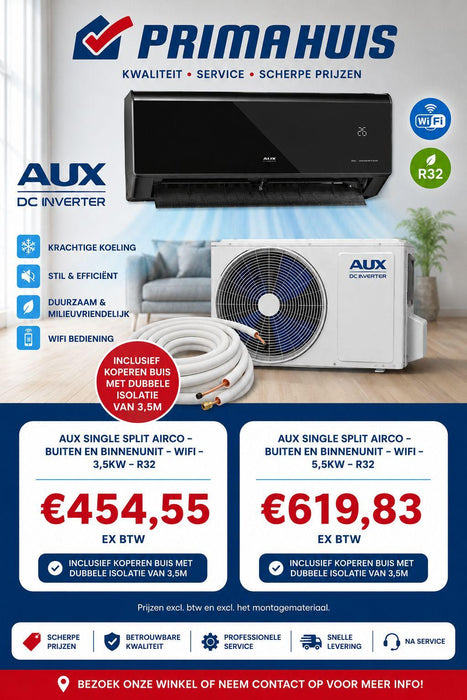 AUX Split Unit Airco 3,5 kW of 5.1 kW C-Serie Zwart – Incl. WiFi &amp; 4D Swing